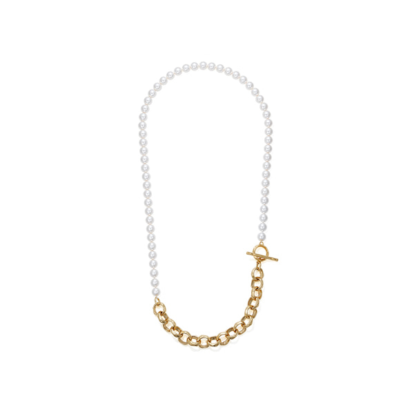 hammered chain_ pearl necklace_ yellow gold